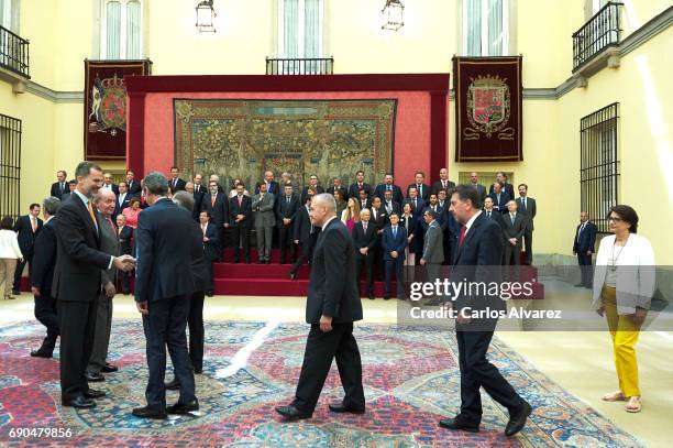 King Felipe VI of Spain and King Juan Carlos attend COTEC meeting at the El Pardo Palace on May 31, 2017 in Madrid, Spain.