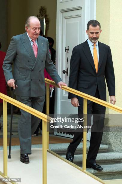 King Felipe VI of Spain and King Juan Carlos attend COTEC meeting at the El Pardo Palace on May 31, 2017 in Madrid, Spain.