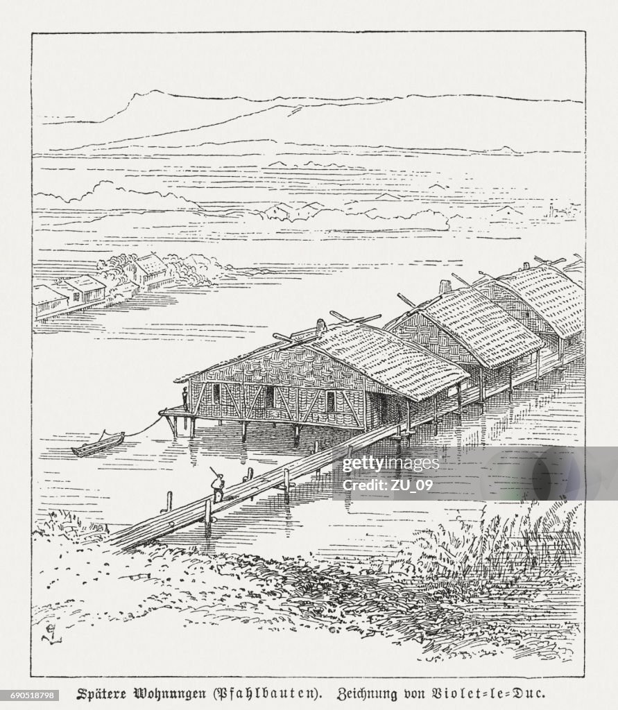 Stilt houses on a lake, wood engraving, published in 1880