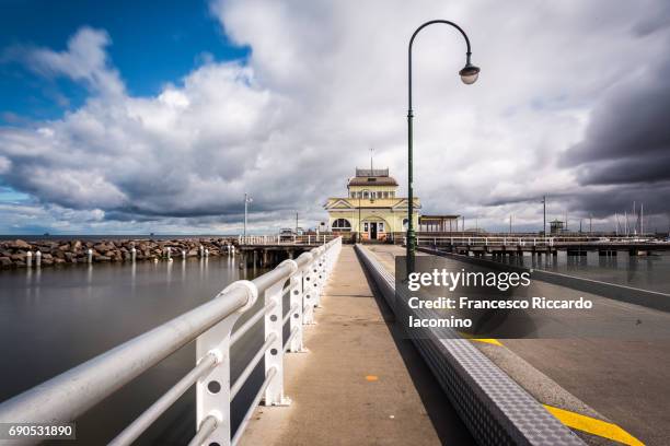 st kilda pier and pavilion at sunset, melbourne - st kilda bildbanksfoton och bilder