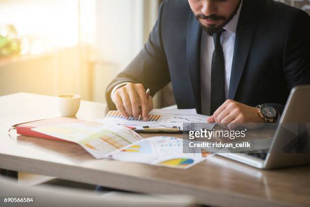 young businessman showing graphs by pen - scrutiny stock pictures, royalty-free photos & images