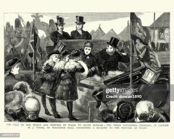 prince and princess of wales visit to durham, 1884 - triplets stock illustrations