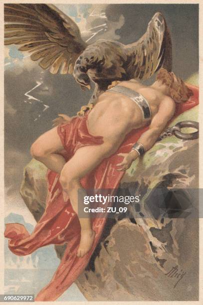 prometheus, gequält von einem adler, griechische mythologie, lithographie, veröffentlicht 1897 - grieche mann stock-grafiken, -clipart, -cartoons und -symbole