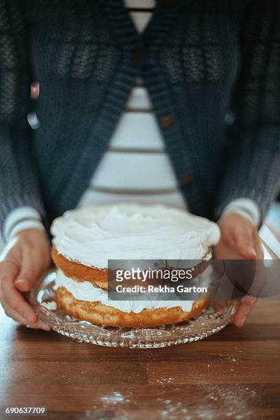womans hands holding a cake - rekha garton stock-fotos und bilder