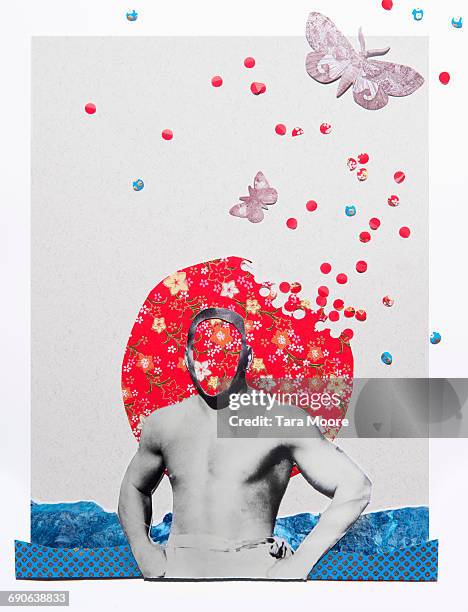 paper collage of strong man - butterfly collage fotografías e imágenes de stock