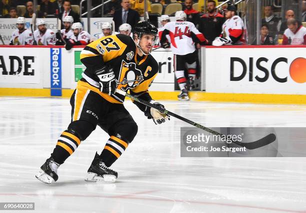 Sidney Crosby of the Pittsburgh Penguins skates against the Ottawa Senators in Game Seven of the Eastern Conference Final during the 2017 NHL Stanley...