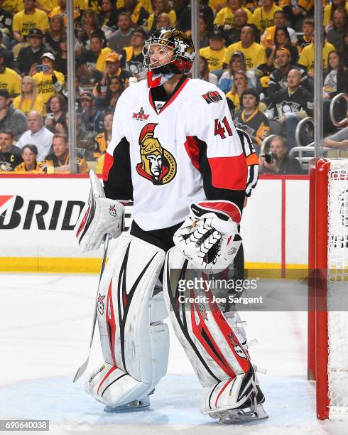 Craig Anderson of the Ottawa Senators defends the net against the Pittsburgh Penguins in Game Seven of the Eastern Conference Final during the 2017...