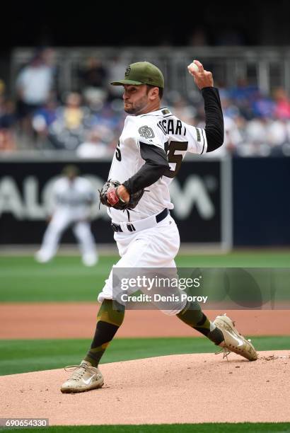 Jarred Cosart of the San Diego Padres pitches during the first inning of a baseball game against the Chicago Cubs at PETCO Park on May 29, 2017 in...