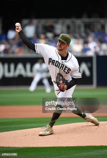 Jarred Cosart of the San Diego Padres pitches during the first inning of a baseball game against the Chicago Cubs at PETCO Park on May 29, 2017 in...