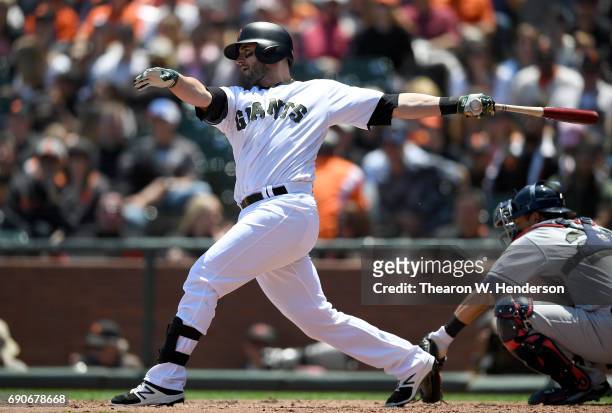Justin Ruggiano of the San Francisco Giants bats against the Atlanta Braves in the bottom of the second inning at AT&T Park on May 28, 2017 in San...