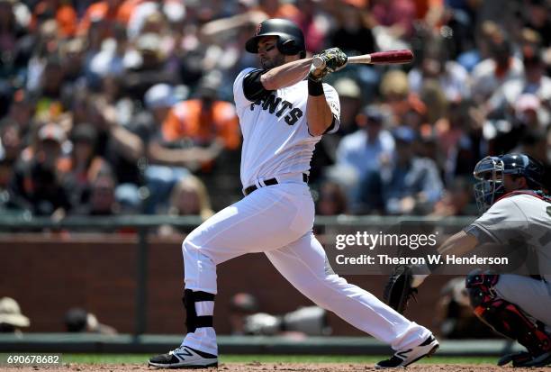 Justin Ruggiano of the San Francisco Giants bats against the Atlanta Braves in the bottom of the second inning at AT&T Park on May 28, 2017 in San...