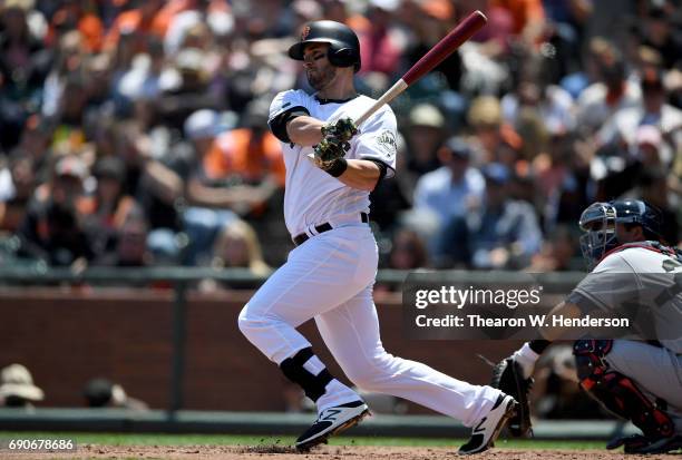 Justin Ruggiano of the San Francisco Giants bats against the Atlanta Braves in the bottom of the second inning at AT&T Park on May 28, 2017 in San...