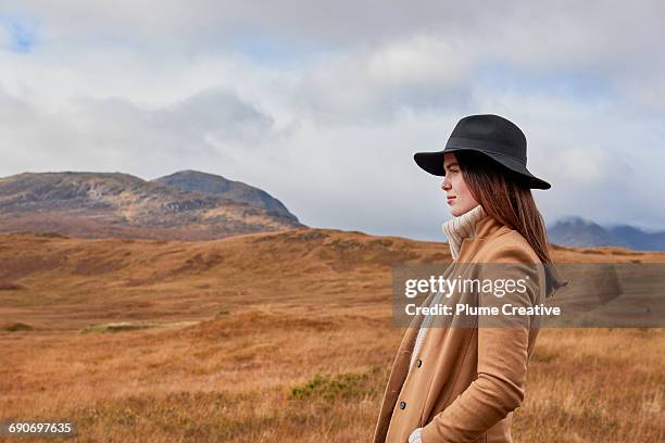 woman in autumnal landscape - sombrero marrón fotografías e imágenes de stock