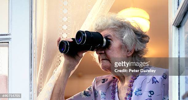 retired lady snooping on neighbours - neugierde stock-fotos und bilder