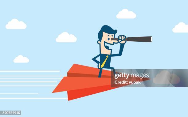 man is flying while using telescope - 飛行機 stock illustrations