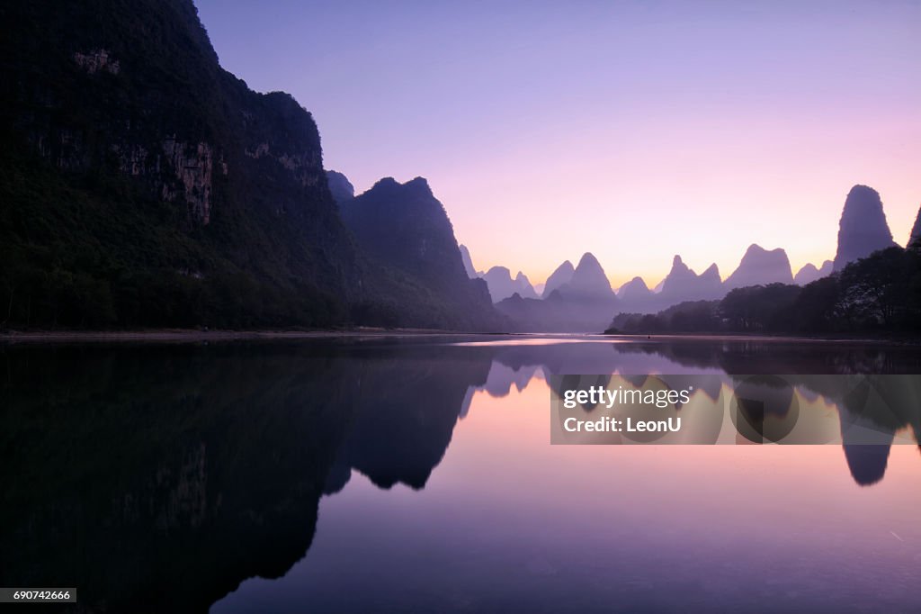 Mountain reflections at dawn, Guilin, China