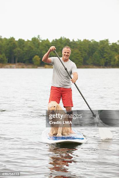 man on stand-up paddle board - paddle board men imagens e fotografias de stock