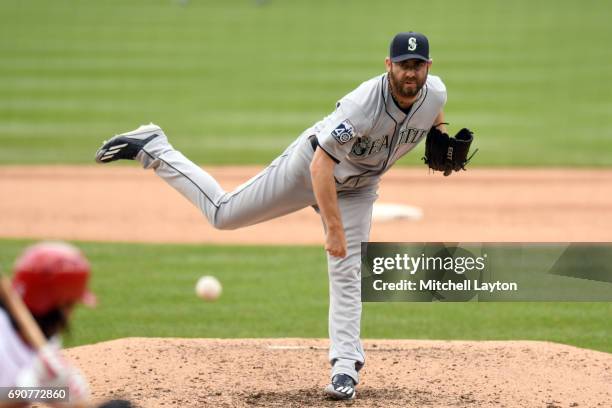 Tony Zych of the Seattle Mariners pitches during a baseball game against the Washington Nationals at Nationals Park on May 25, 2017 in Washington,...