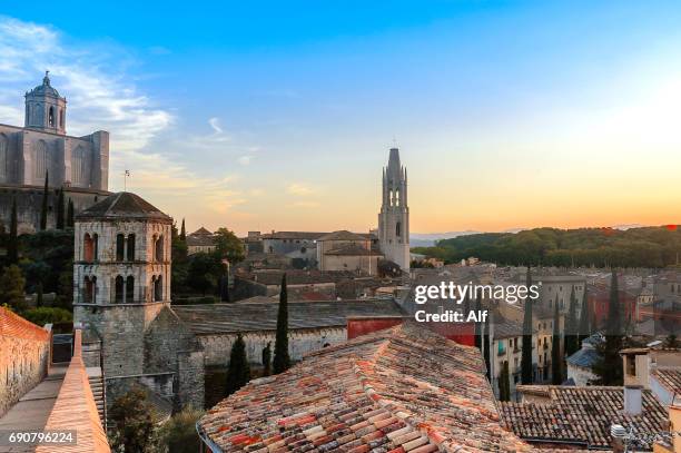 panoramic view of gerona from ancient city walls - girona stock-fotos und bilder
