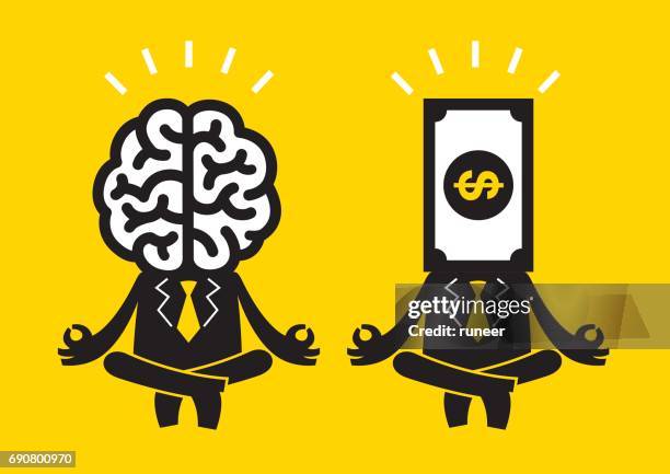 ilustraciones, imágenes clip art, dibujos animados e iconos de stock de negocios dúo de meditación (señor cerebro y dinero) | concepto de negocio amarillo - clip art