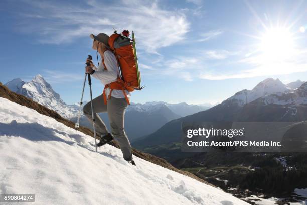 female mountaineer ascends snowslope above valley, mtns - 登山用ストック ストックフォトと画像