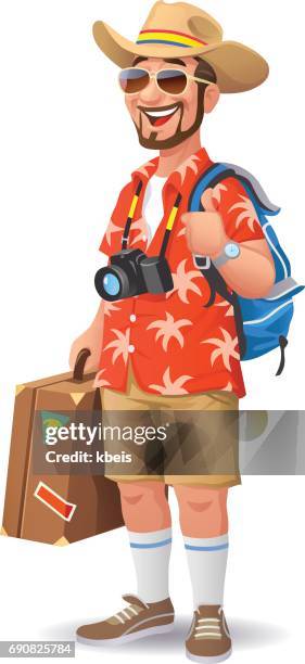 stockillustraties, clipart, cartoons en iconen met toeristische met hoed en zonnebril - camera bag