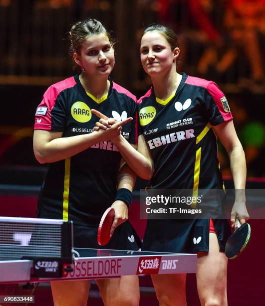 Germany Petrissa Solja of Germany and Sabine Winter of Germany in action during the Table Tennis World Championship at Messe Duesseldorf on May 30,...