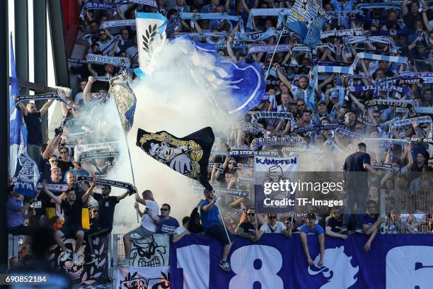 Fans of 1860 Munchen during the Second Bundesliga Playoff first leg match between Jahn Regensburg and TSV 1860 Muenchen at Continental Arena on May...