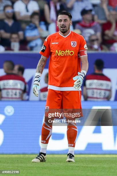 Goalkeeper Philipp Pentke of Jahn Regensburg looks on during the Second Bundesliga Playoff first leg match between Jahn Regensburg and TSV 1860...