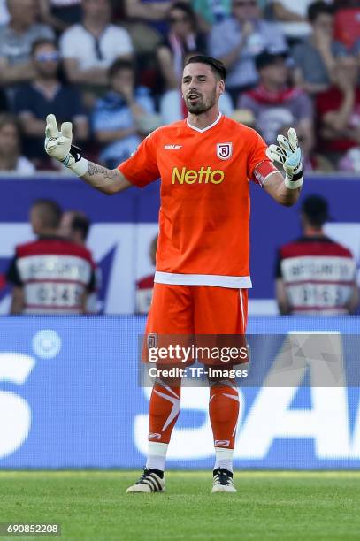 Goalkeeper Philipp Pentke of Jahn Regensburg gestures during the Second Bundesliga Playoff first leg match between Jahn Regensburg and TSV 1860...