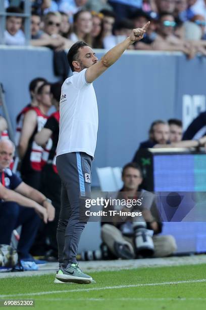 Head coach Vítor Pereira of 1860 Munich gestures during the Second Bundesliga Playoff first leg match between Jahn Regensburg and TSV 1860 Muenchen...