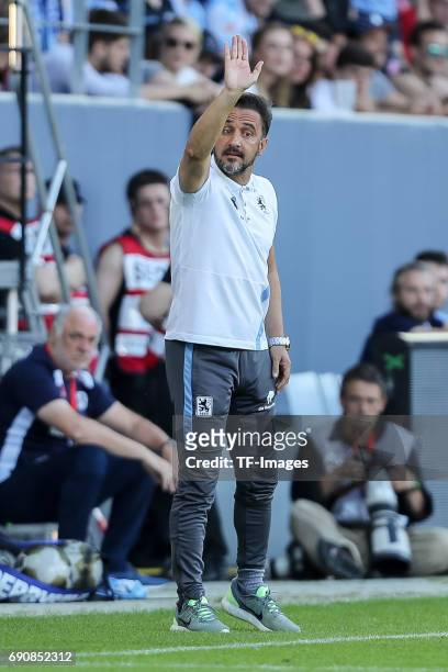 Head coach Vítor Pereira of 1860 Munich gestures during the Second Bundesliga Playoff first leg match between Jahn Regensburg and TSV 1860 Muenchen...