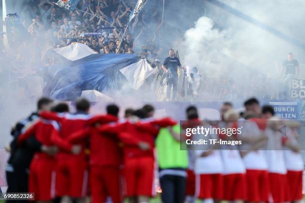 Fans of 1860 Munchen during the Second Bundesliga Playoff first leg match between Jahn Regensburg and TSV 1860 Muenchen at Continental Arena on May...