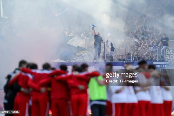 Fans of 1860 Munchen during the Second Bundesliga Playoff first leg match between Jahn Regensburg and TSV 1860 Muenchen at Continental Arena on May...