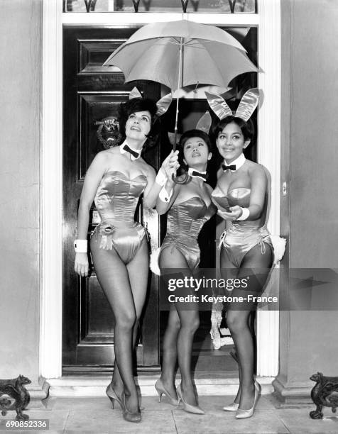 Trois très belles 'Bunny Girls' ou danseuses de cabaret, sous un parapluie à Londres, Royaume-Uni le 12 octobre 1964.