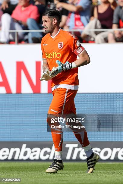 Goalkeeper Philipp Pentke of Jahn Regensburg looks on during the Second Bundesliga Playoff first leg match between Jahn Regensburg and TSV 1860...