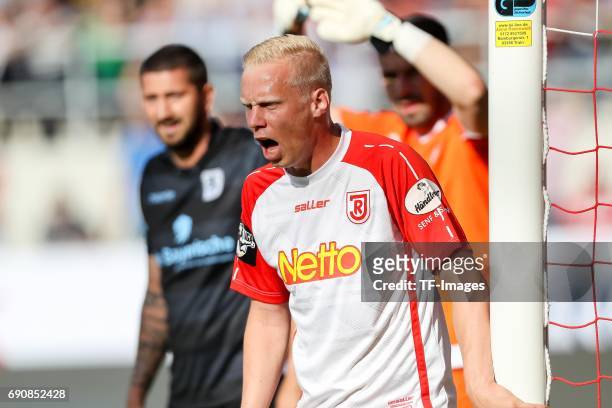 Uwe Hesse of Jahn Regensburg gestures during the Second Bundesliga Playoff first leg match between Jahn Regensburg and TSV 1860 Muenchen at...