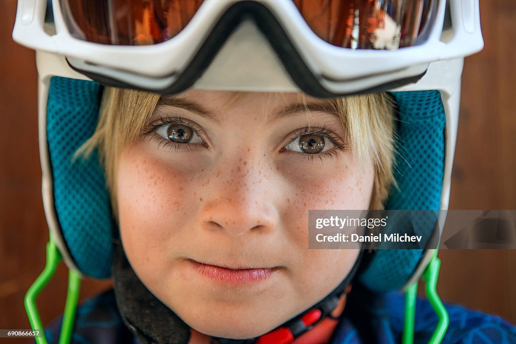 Portrait of a young ski racer kid.