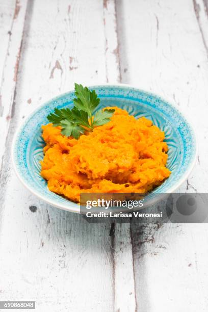 bowl of mashed sweet potato - puree photos et images de collection