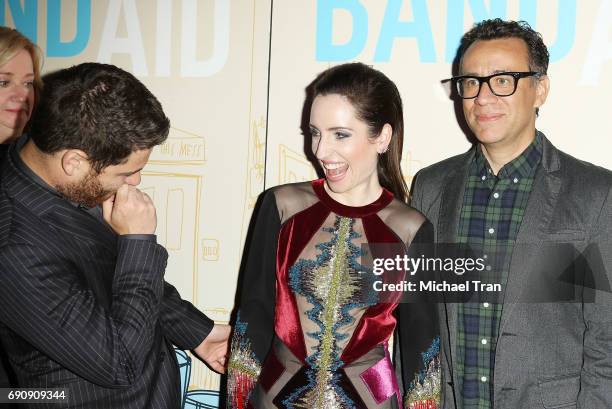 Adam Pally, Zoe Lister-Jones and Fred Armisen attend the Los Angeles premiere of IFC Films' "Band Aid" held at The Theatre at Ace Hotel on May 30,...