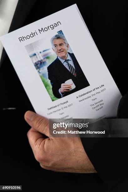 An order of service is seen during the funeral of former First Minister of Wales Rhodri Morgan at the Senedd in Cardiff Bay on May 31, 2017 in...