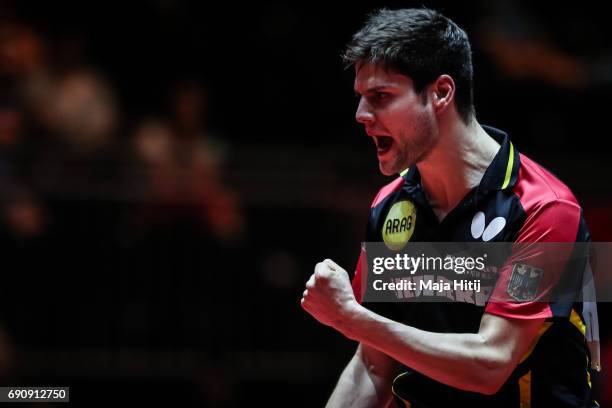 Dimitrij Ovtcharov of Germany celebrates during Men Single 1. Round at Table Tennis World Championship at Messe Duesseldorf on May 31, 2017 in...