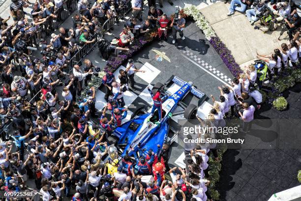 101st Indianapolis 500: Aerial view of Takuma Sato and his team victorious in Victory Lane after winning race at Indianapolis Motor Speedway. Verizon...