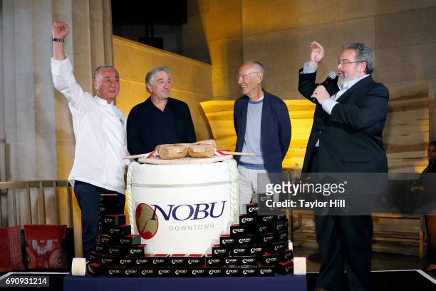 Meir Teper, Robert De Niro, Nobu Matsuhisa, and Drew Nieporent attend the Nobu Downtown Sake Ceremony at Nobu Downtown on May 30, 2017 in New York...