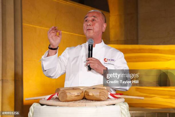 Nobu Matsuhisa speaks during the Nobu Downtown Sake Ceremony at Nobu Downtown on May 30, 2017 in New York City.