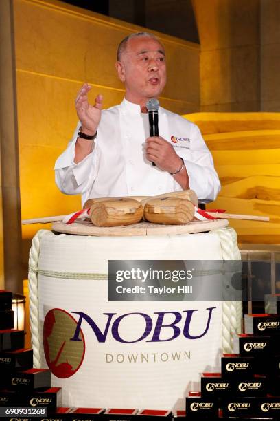 Nobu Matsuhisa speaks during the Nobu Downtown Sake Ceremony at Nobu Downtown on May 30, 2017 in New York City.