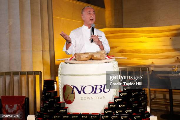 Nobu Matsuhisa speaks during the Nobu Downtown Sake Ceremony at Nobu Downtown on May 30, 2017 in New York City.