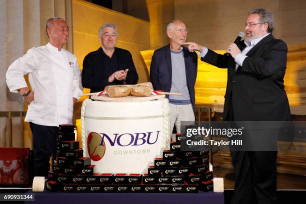 Meir Teper, Robert De Niro, Nobu Matsuhisa, and Drew Nieporent attend the Nobu Downtown Sake Ceremony at Nobu Downtown on May 30, 2017 in New York...