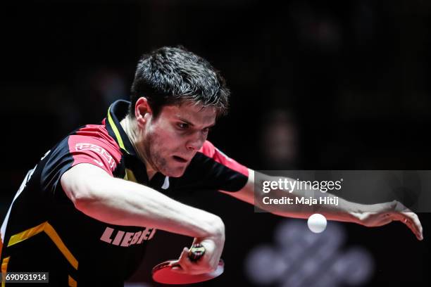 Dimitrij Ovtcharov of Germany competes during Men Single 1. Round at Table Tennis World Championship at Messe Duesseldorf on May 31, 2017 in...