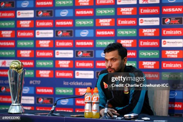 Bangladesh captain Mashrafe Mortaza chats to the media during the ICC Champions Trophy Bangladesh Press Conference at The Oval on May 31, 2017 in...